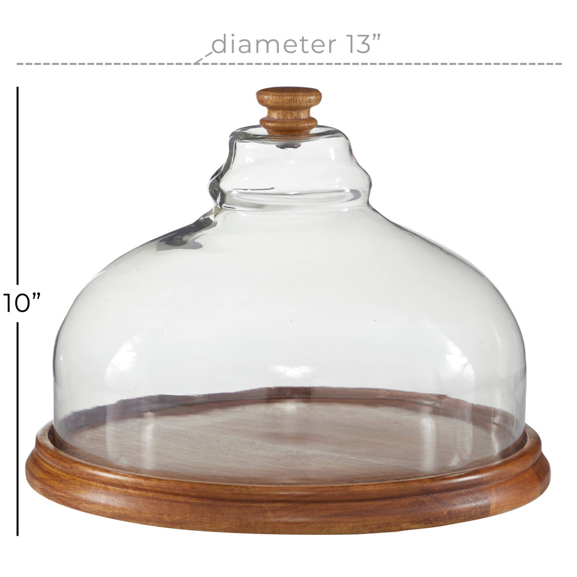 Brown Wood and Glass Natural Cake Stand with Cloche, 10" x 13" x 13"